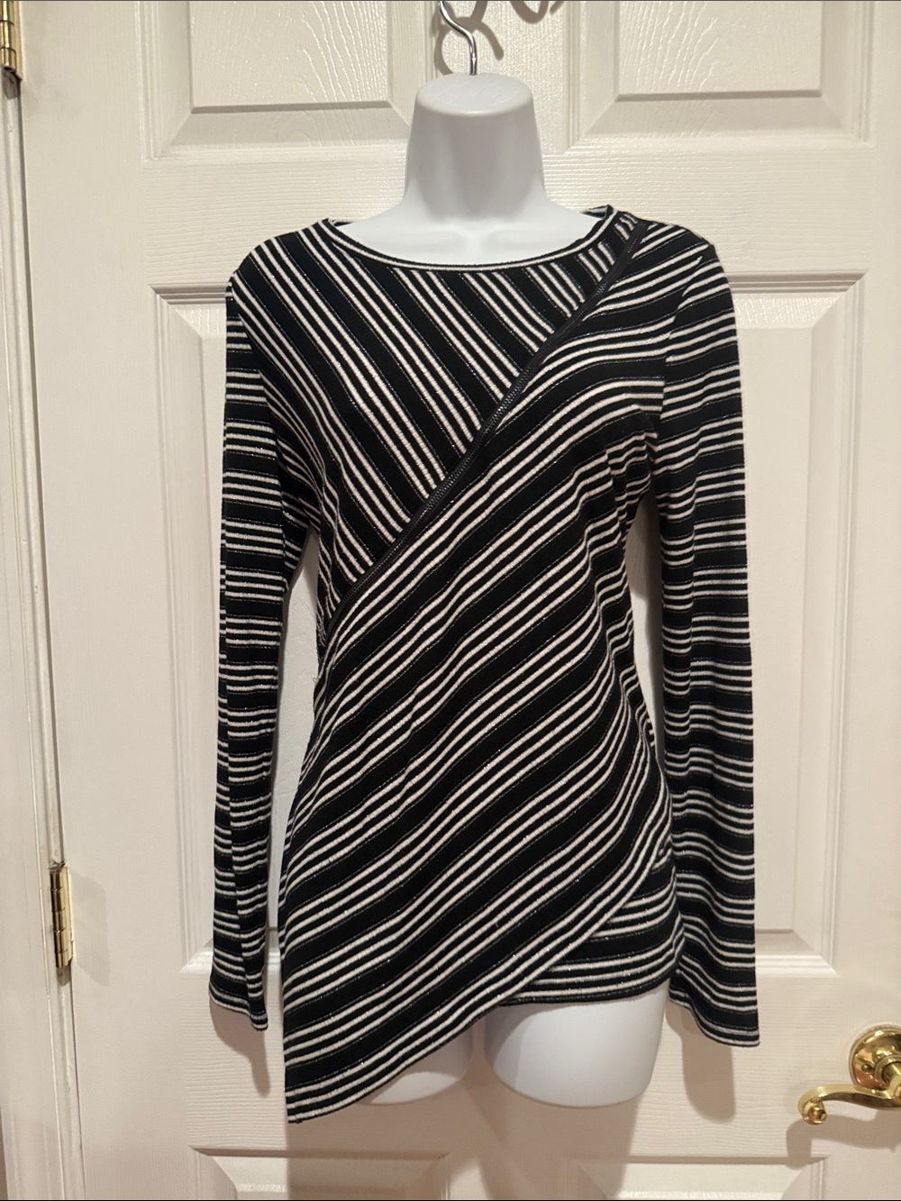 Bar III Black & White Diagonal Stripe Wrap-Style Long Sleeve Top